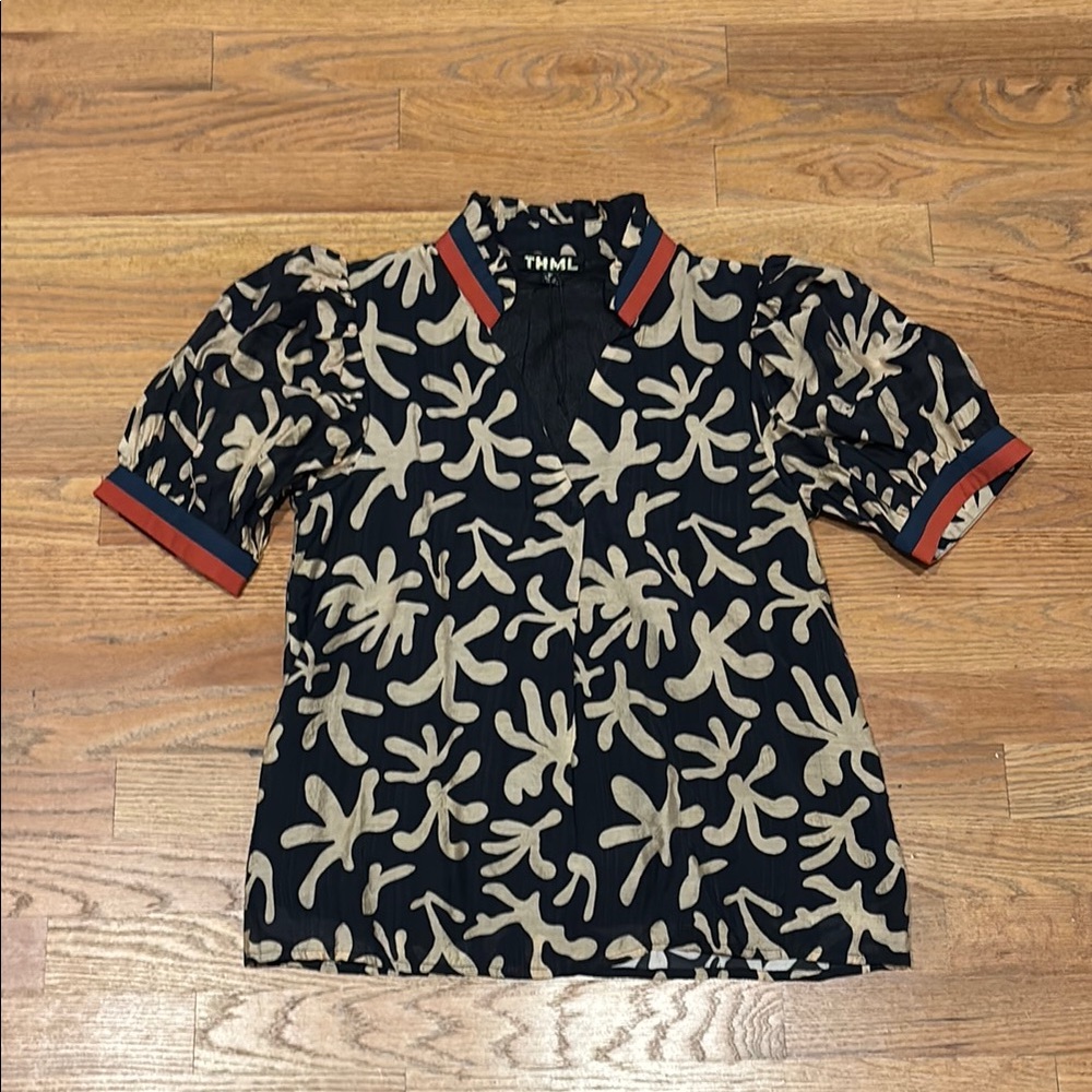 THML Blue and Gold Blouse with Floral Print